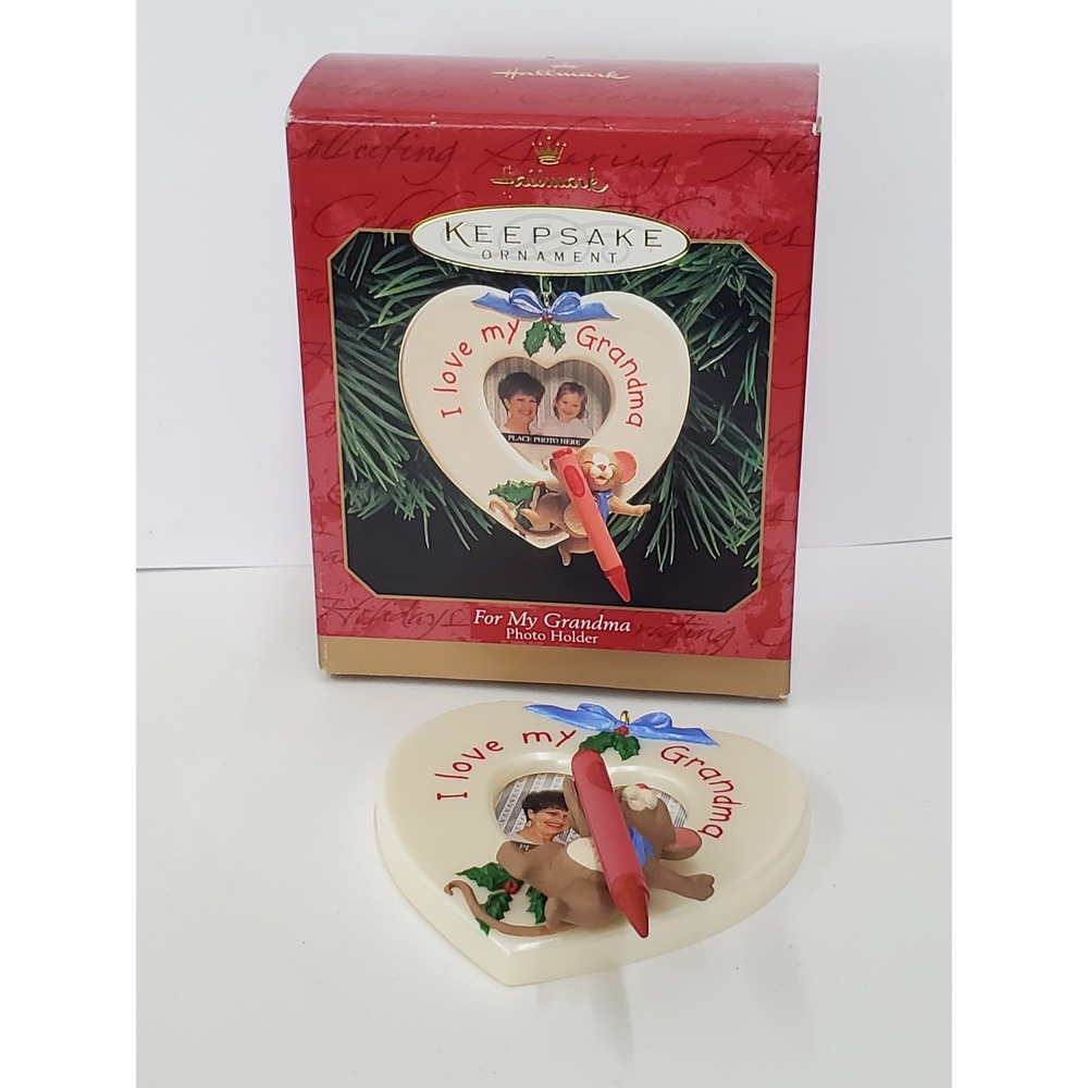 Hallmark Keepsake 1999 I Love My Grandma Photo Holder Ornament Mouse Red Crayon